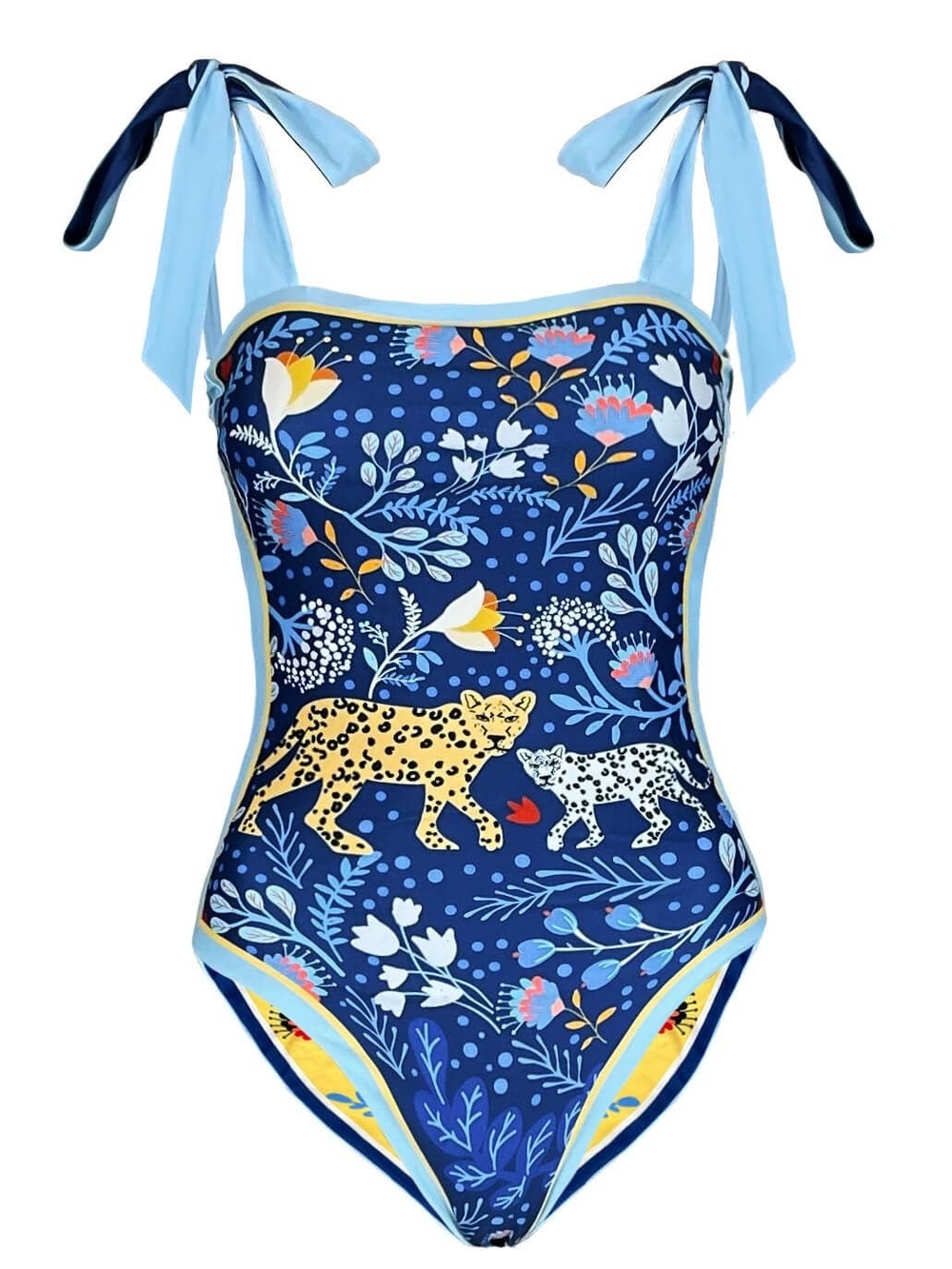 Jessie Zhao Blue Floral Leopard Print Reversible One-Piece Swimsuit